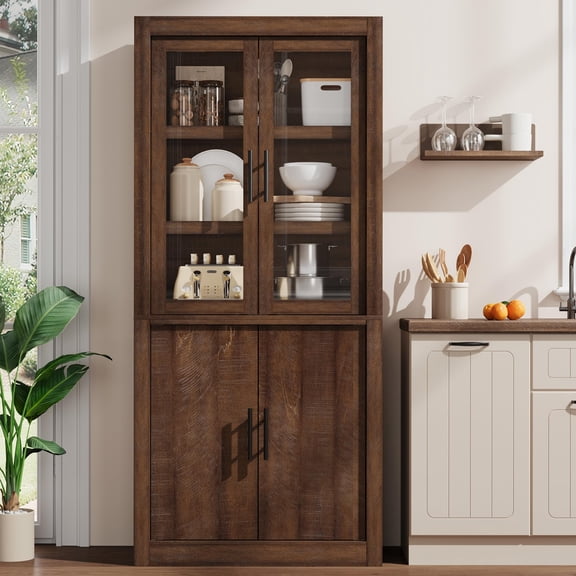BouPower Pantry Cabinet,Kitchen Pantry Storage Cabinet with 4 Doors & Adjustable Shelves,Farmhouse Kitchen Hutch for Living Room,Dining Room