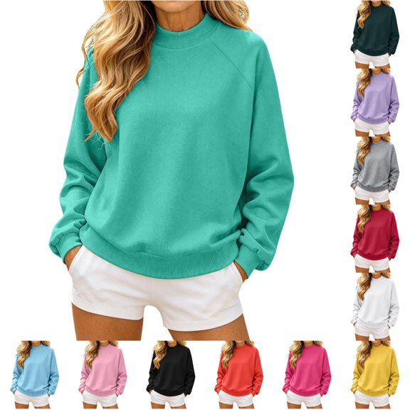 Women Raglan Sleeve Crewneck Sweatshirt Solid Color Cozy Pullover Casual Sportswear Top