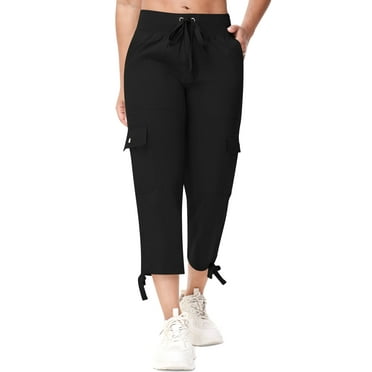 Satankud Women's Cargo Capris Hiking Pants for Camping Outdoor Athletic Casual Loose Comfy Elastic Waist with Pockets Quick Dry Black L