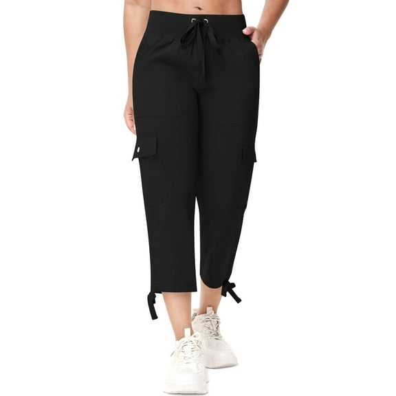 Satankud Women's Cargo Capris Hiking Pants for Camping Outdoor Athletic Casual Loose Comfy Elastic Waist with Pockets Quick Dry Black L