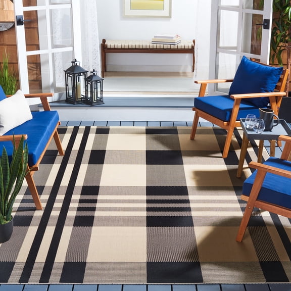 SAFAVIEH Courtyard Benjamin Plaid Indoor/Outdoor Area Rug, Black/Bone, 8' x 11'