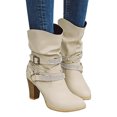 thumbnail image 3 of Xiaoxatg Women's Mid-Calf Boots Short Boots European Thick High Heel Belt Buckle Stylish and Comfortable Footwear for Ladies 8.5 Beige, 3 of 5