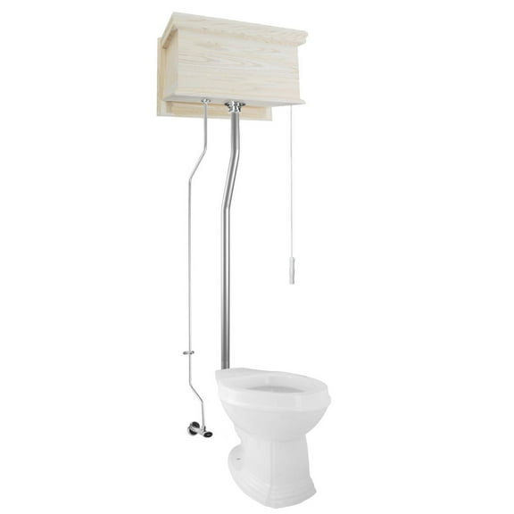 Unfinished Wooden High Tank L-Pipe Toilet Round White Bowl | Renovator's Supply