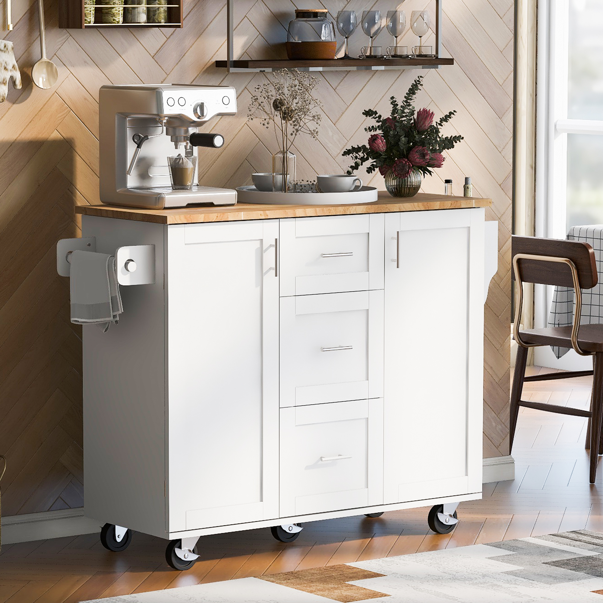 DEALTOPS 43” L Rolling Kitchen Island with Top, 3 Drawer, 2 Shelf and Internal Storage Rack-White