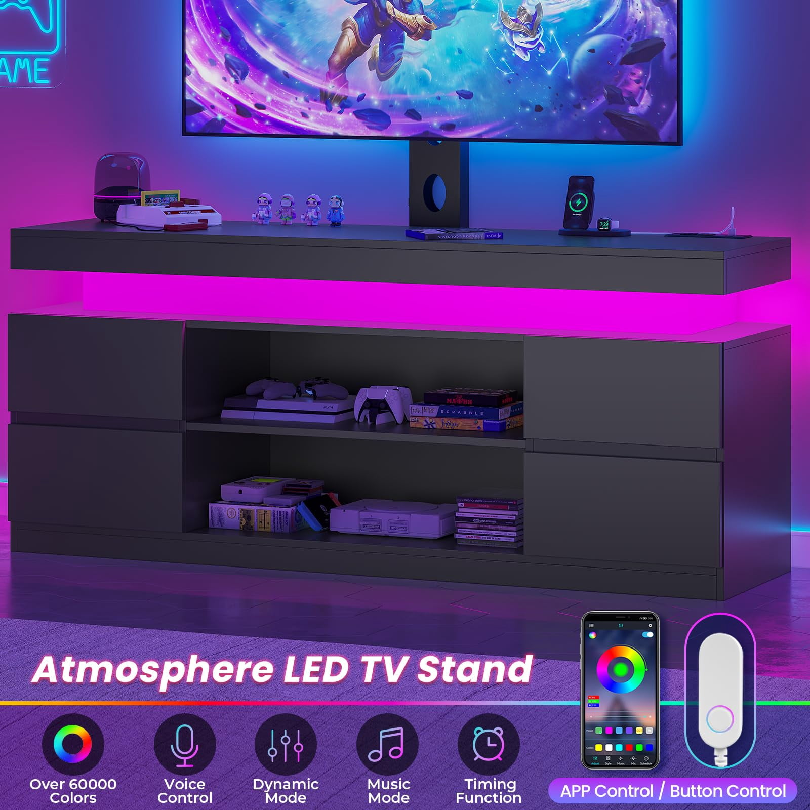 Afuhokles TV Stand with Mount and Power Outlet, TV Mount for TVs up to 75 inch TV, Modern LED TV Stand with Shelves and 4 Drawers, Black