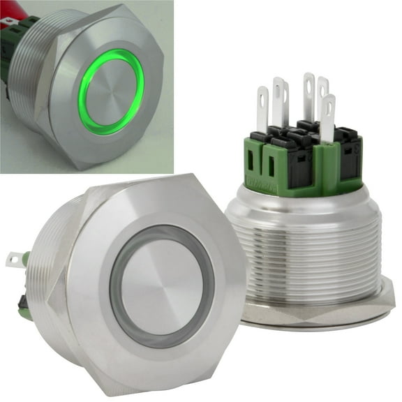 JacobsParts Latching Pushbutton ON/OFF Maintained Power Switch Circular Metal Silver with Green LED fits 1-3/16" (30mm) Diameter Panel Cutout Hole
