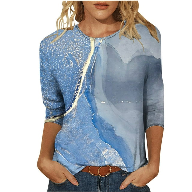 HKEJIAOI Hauts à Manches 3/4 pour Femmes Blouse Tunique Imprimé Floral L Blouse d'Été
