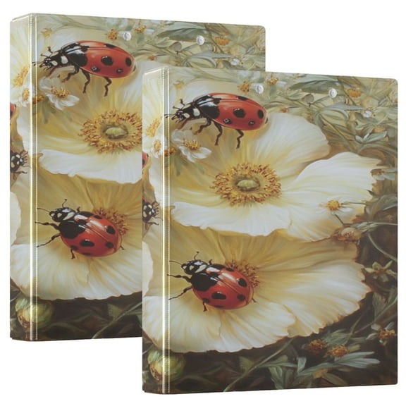 WOBOGO Ladybugs Picking Flowers File Folders Extra Large Capacity to Hold 200 Sheets of Documents Hard Shell Ring Binder for School Home Office