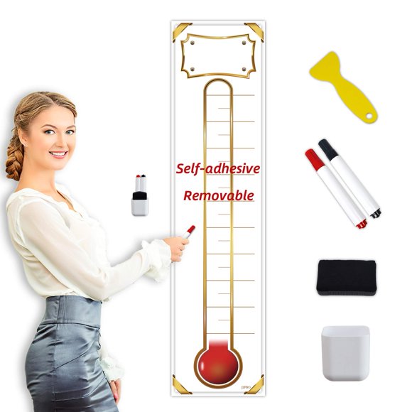 Calcomanía de seguimiento de objetivos con gráfico de termómetro de recaudación de fondos - 48 "x 12" - Termómetro de póster de pared con configuración de objetivos de borrado en seco - Adhesivo de vi