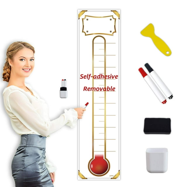 Calcomanía de seguimiento de objetivos con gráfico de termómetro de recaudación de fondos - 48 "x 12" - Termómetro de póster de pared con configuración de objetivos de borrado en seco - Adhesivo de vi
