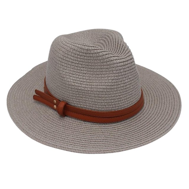 Sombrero de jazz para mujer de ala ancha, de piel sintética, con cinturón decorativo, sombrero de paja para la playa, tamaño ajustable, protección UV, plegable, sombrero de verano