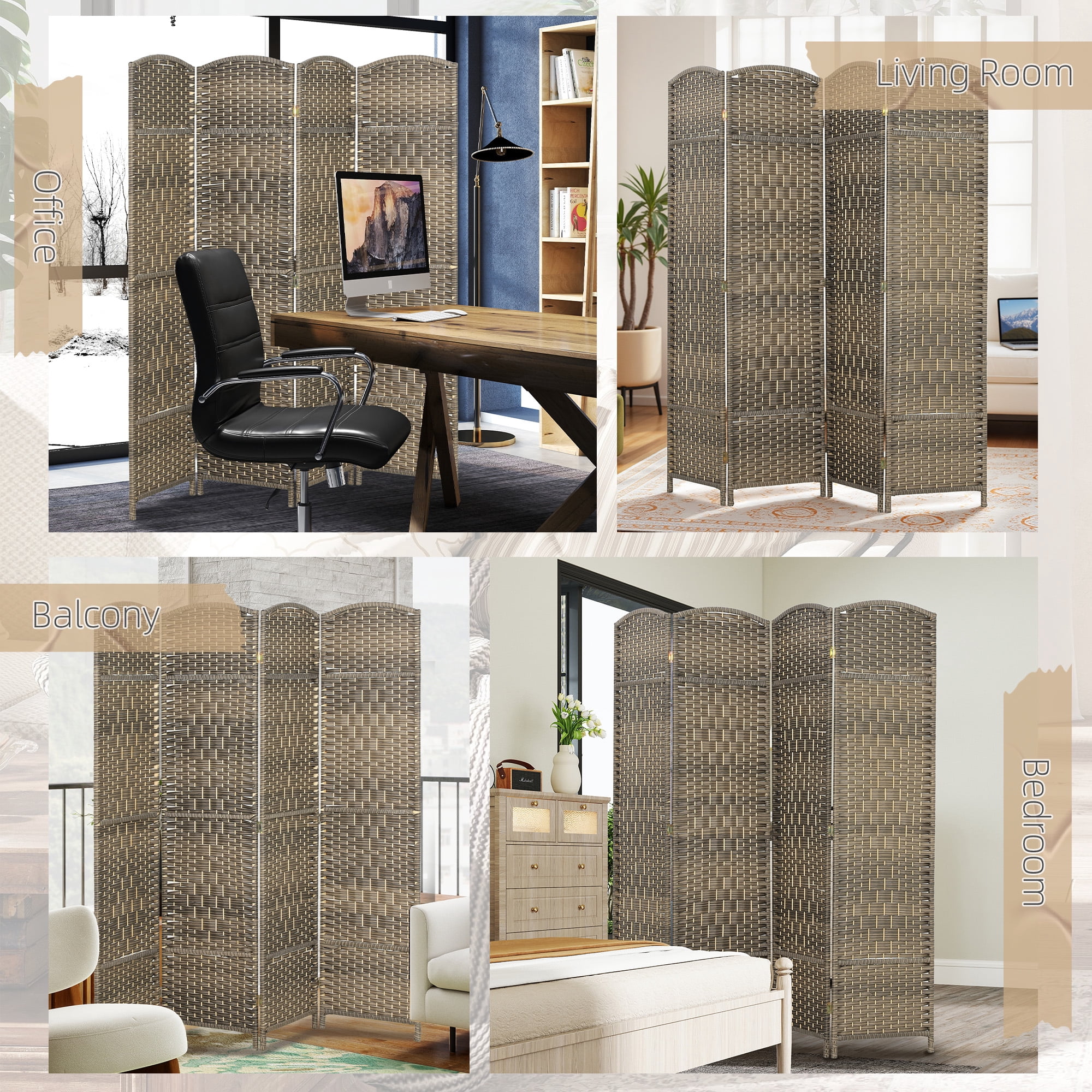 HOMCOM 4 Panel Room Divider, 6' Tall Folding Privacy Screen, Woven Freestanding Wood Partition for Home Office, Bedroom, Dark Rustic Oak