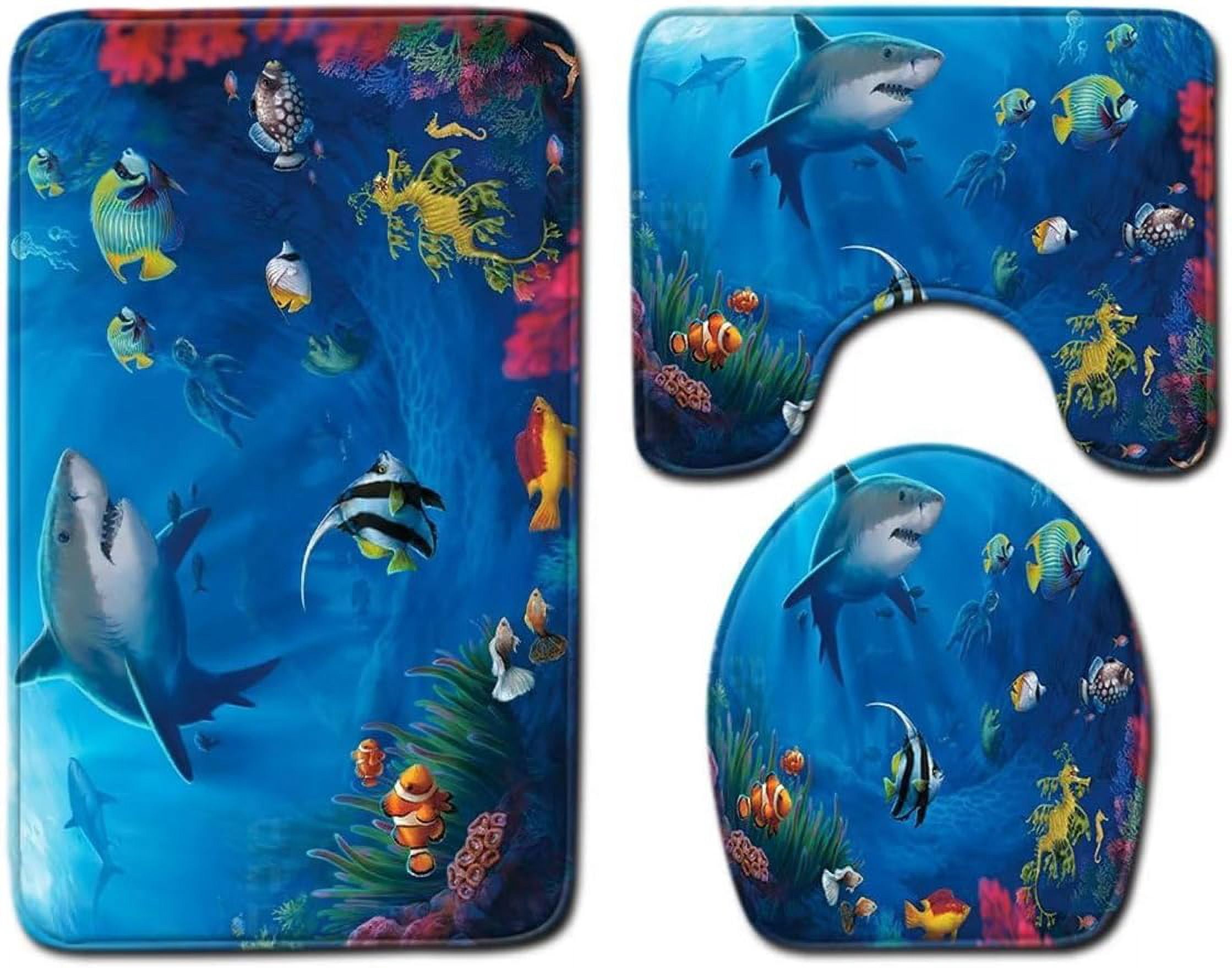 Manatee Shower Curtain Set Blue Ocean Marine Animal Waterproof Bath Curtain Sets with Non Slip Rugs 4pcs Bathroom Decor Accessories