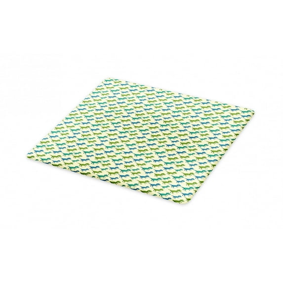 Animals Cutting Board, Jurassic Theme Cartoon Dinosaurs Patterns Walking T-rex, Decorative Tempered Glass Cutting and Serving Board, in 3 Sizes, by Ambesonne