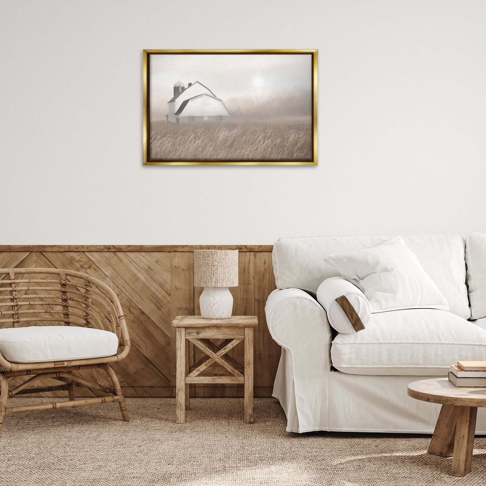 Stupell Industries Windblown Farm Grasses Landscape & Nature Painting Gold Floater Framed Canvas Art Print Wall Art, 31 x 21