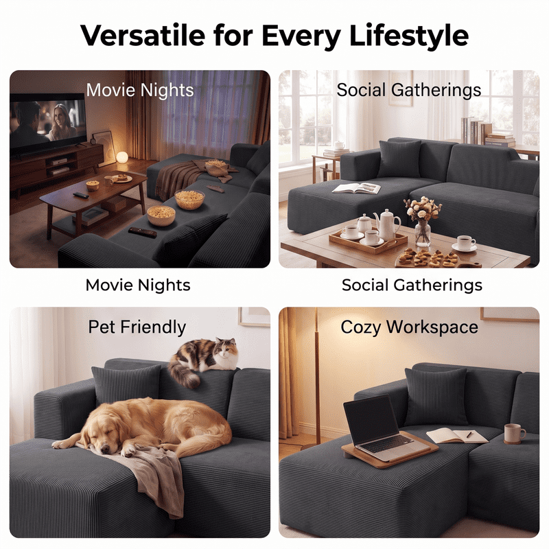 Gewnee 96" Modular Sleeper Sofa Bed, Boneless Sectional Couch with Deep Seat, Boneless Couches for Living Room, Black（Corduroy）
