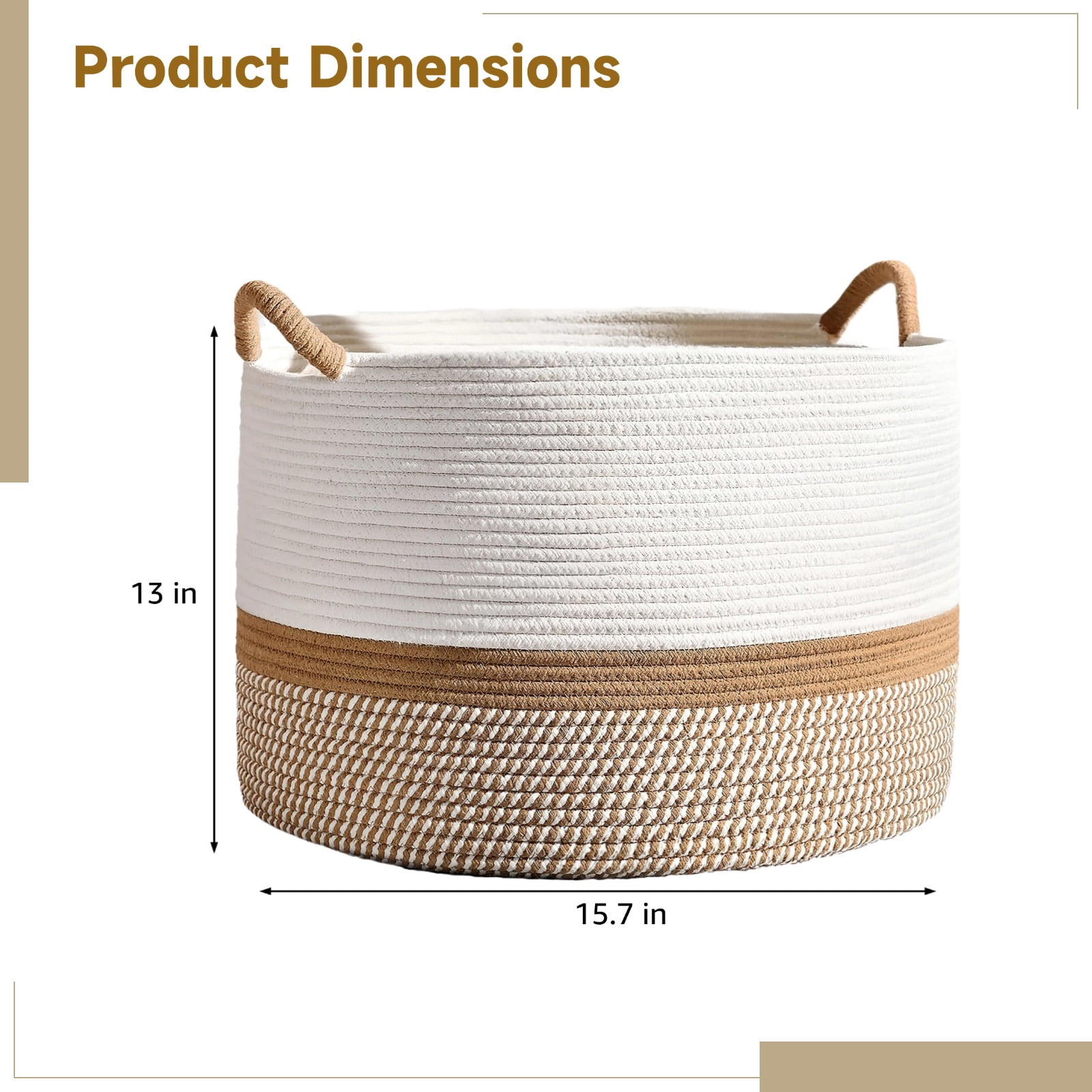 Cotton Woven Basket with Handles, 15.7" x 13" Large Cotton Rope Woven Storage Basket for Organizing, Laundry Hamper, Round Toy Organizer Bin for Nursery, Living Room, Bedroom