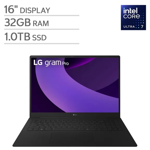 Restored LG gram Pro 16", Thin and Lightweight Laptop, Windows 11 Home, NVIDIA RTX5050, Intel Evo Edition - Intel Core Ultra 7, 32GB RAM, 1TB SSD, Black