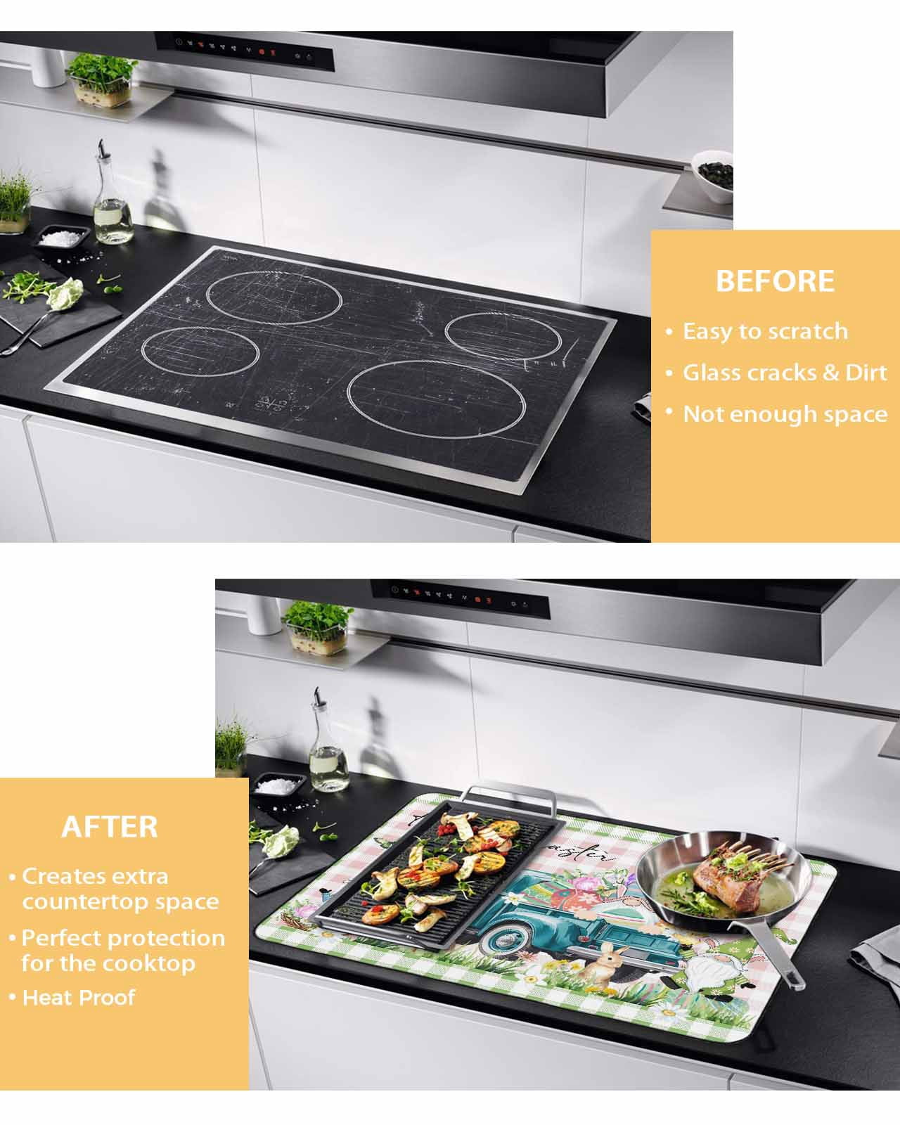 Large Induction Cooktop Protector Mat Easter Stove Top Covers for Electric Stove, Green Pink Plaid Blue Truck Eggs Bunny Pastoral Decorative Stove Burner Cover Mats, Glass Top Stove Cover