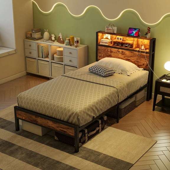 Twin Size Square Loft Bed with Metal Frame and LED Lights and Storage Brown