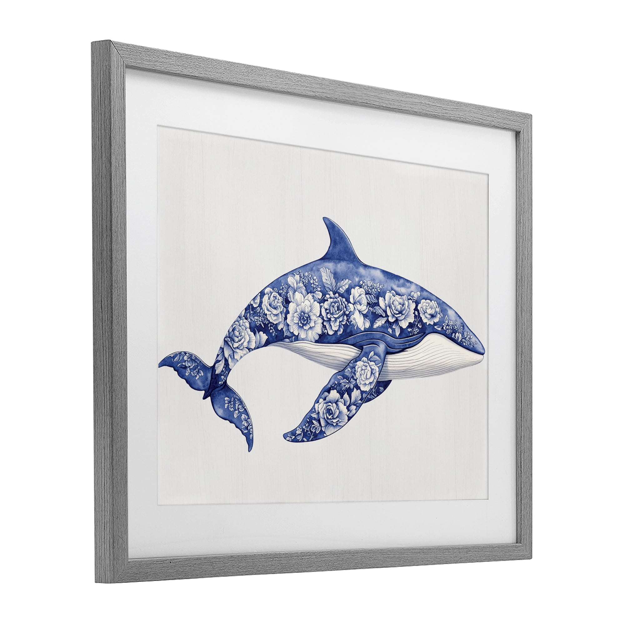 Floral Toile Whale Gray Framed Print Under Glass, design by Lettered and Lined