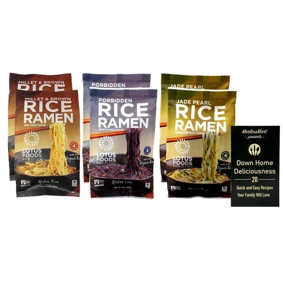 Lotus Foods Gluten-Free Rice Ramen Noodle Soup | Vegan | 3 Flavor (2) Each: Millet & Brown Rice Red Miso, Forbidden White Miso, Jade Pearl Wakame (2.8 Ounces)   MerlinsMart Zine