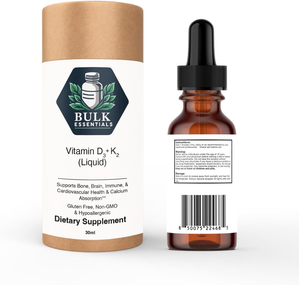 Bulk Essentials Pure Vitamin D3+K2 Drops with MCT Oil – 5000 IU Vit D3 & 120 mcg K2 for Bone, Heart & Immune Support – USA Made Supplements for Women & Men – Non-GMO & Gluten-Free, 30ml