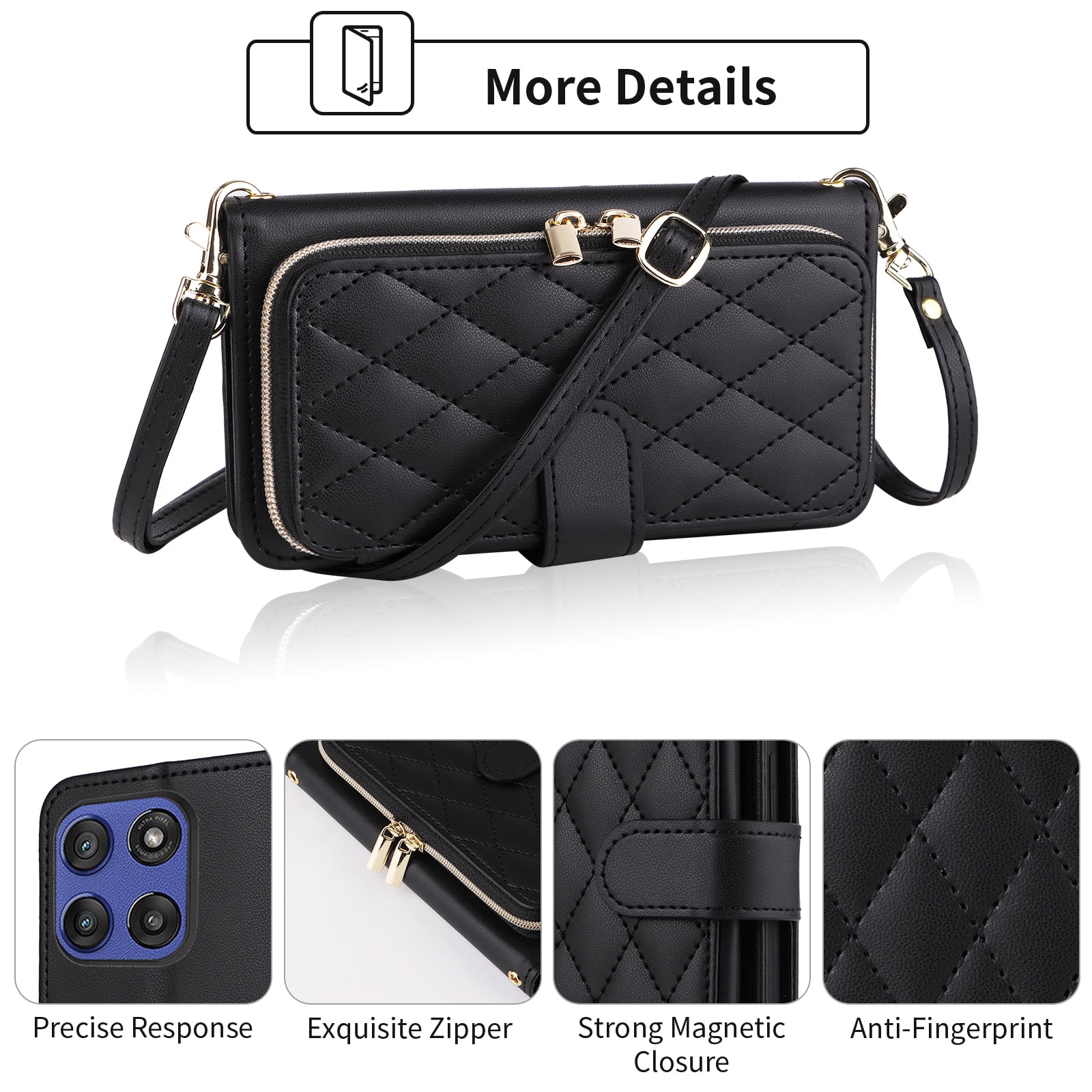 Furiet Argyle Wallet Case for Motorola Moto G Stylus 5G 2025 with Wrist/Shoulder Strap, Card Slots Zipper Purse Luxury PU Leather Card Holder Stand Checkered Cell Phone Cover for G5 Women Black