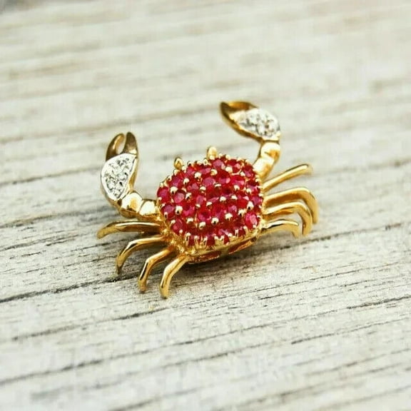 2Ct Red Ruby Round Crab Brooch & Pendant In 14K Yellow Gold Plated Silver