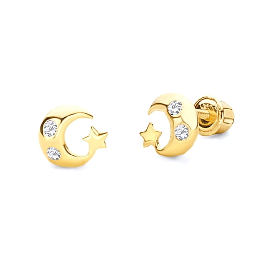 Wellingsale 14K Yellow Gold Polished Moon And Star Stud Earrings With Screw Back
