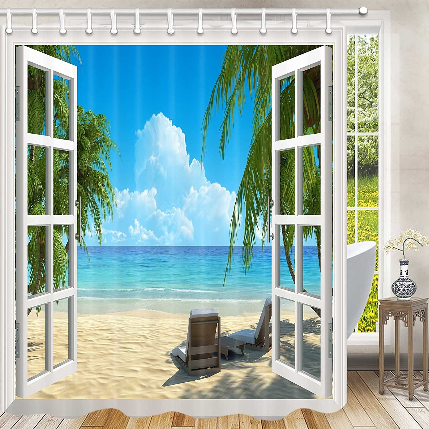 Beach Scene Shower Curtain, Tropical Beach Shower Curtain Summer