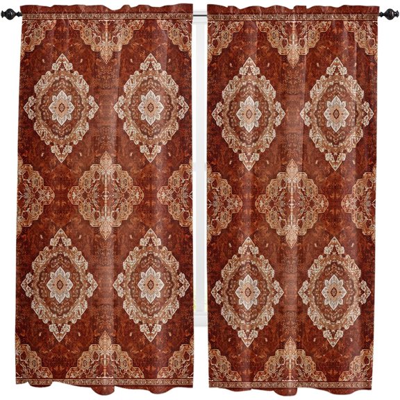 Window Curtains 84 Inch Length - 2 Panels, Vintage Brown Rod Pocket Curtain Panels, Boho Ethnic Geometric Abstract Art Southwestern Window Treatment for Bedroom/Kitchen, 52W x 84L Inch