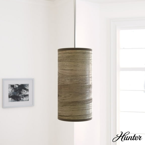 Hunter - Solhaven 1-light Warm Grey Oak, Mini Pendant Light, Dimmable, Modern Style, Cylinder Shaped, for Bedrooms, Dining, Living Rooms - 19241