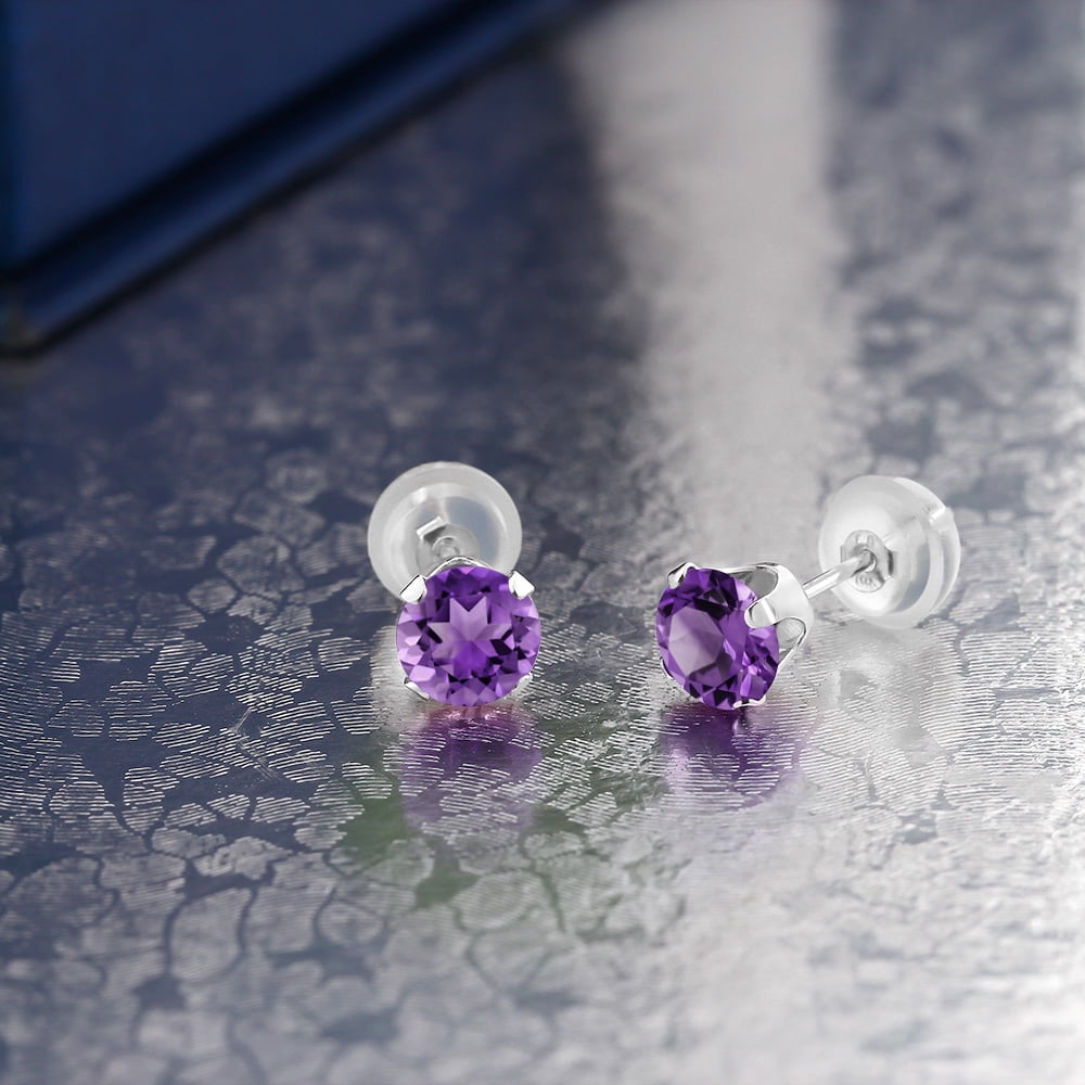 Gem Stone King 10K White Gold Purple Amethyst 4-prong Stud Earrings for Women Men (0.50 Cttw, Gemstone Birthstone, Round 4MM)