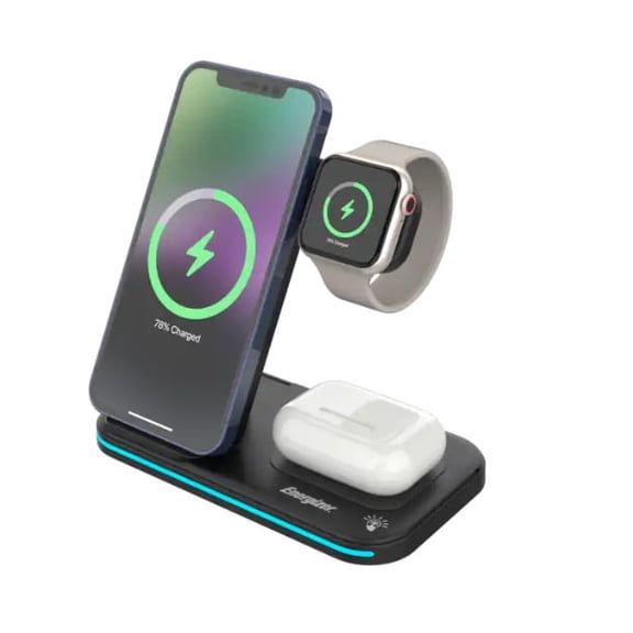 Energizer 3 in 1 15W Foldable Qi Certified Wireless Charging Station for Phone Earbuds and Apple Watch Black