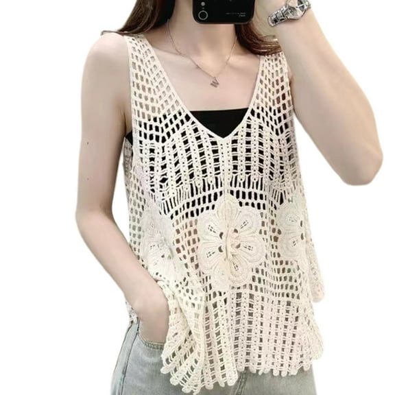 ZPAQI Women Summer Crochet Sleeveless for Tank Top V-Neck Hollow Out Knit Floral Vest Shirts Casual Loose Beach Cover Up Sweat