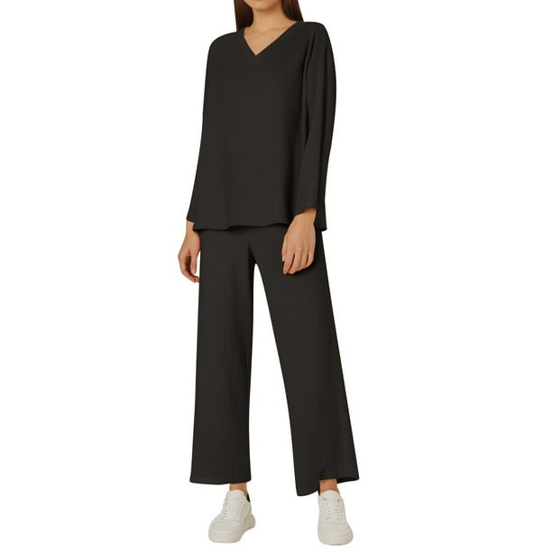 Conjunto de dos piezas de lino de color liso con cuello en V para mujer - Tejido de poliéster - Estilo holgado e informal