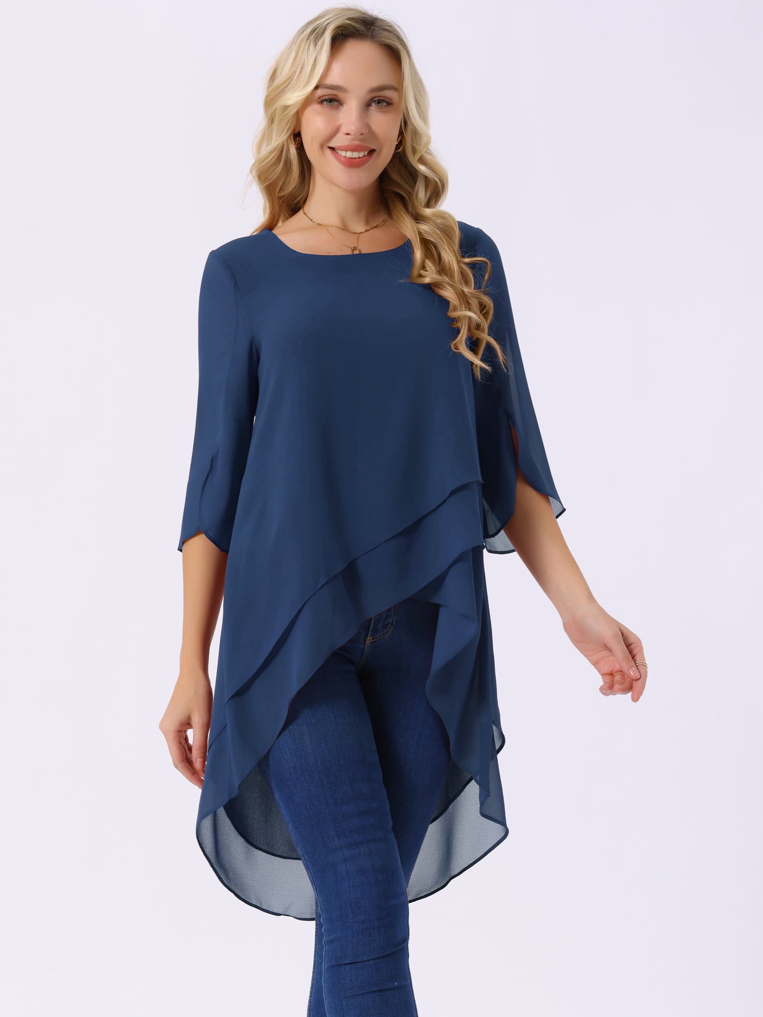 DARING DIVA Women's 3/4 Sleeve High Low Hem Scoop Neck Chiffon Blouses S Dark Blue