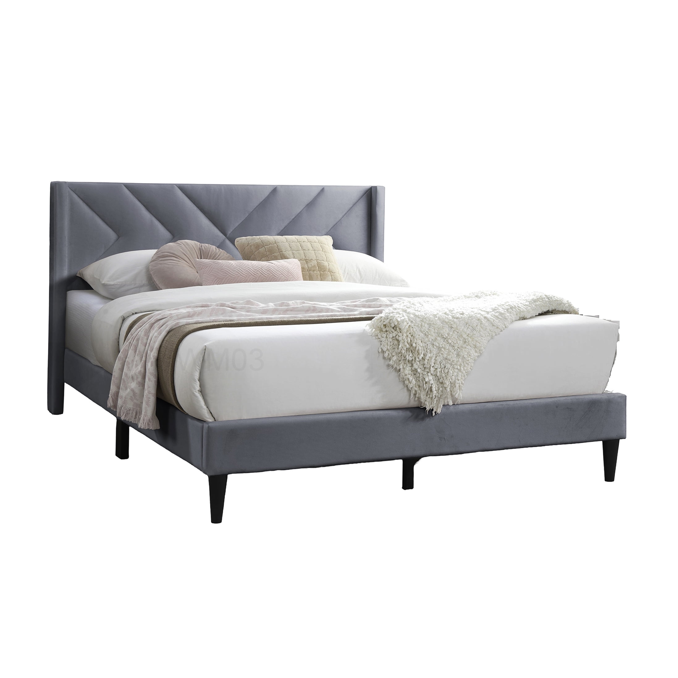 Modern Velvet Upholstered Bed Frame, Queen Platform Bed with Geometric Headboard, Grey Fabric Frame, No Box Spring Needed with Storage Space