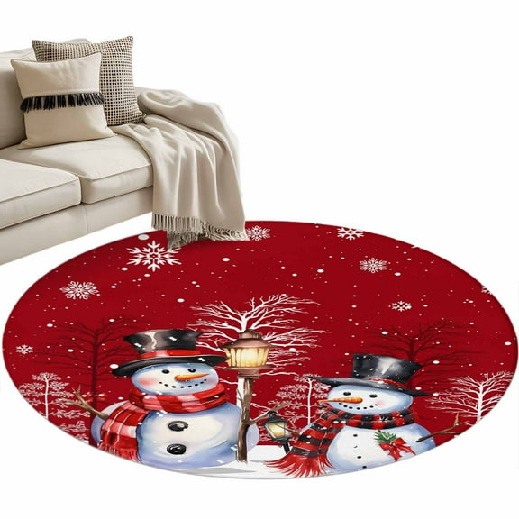 Red Christmas Round Area Rug 4ft Hat Snowman Non-Slip Washable Circle Rugs Soft Felt Indoor Floor Mat for Bedroom Kitchen Living Room Bathroom