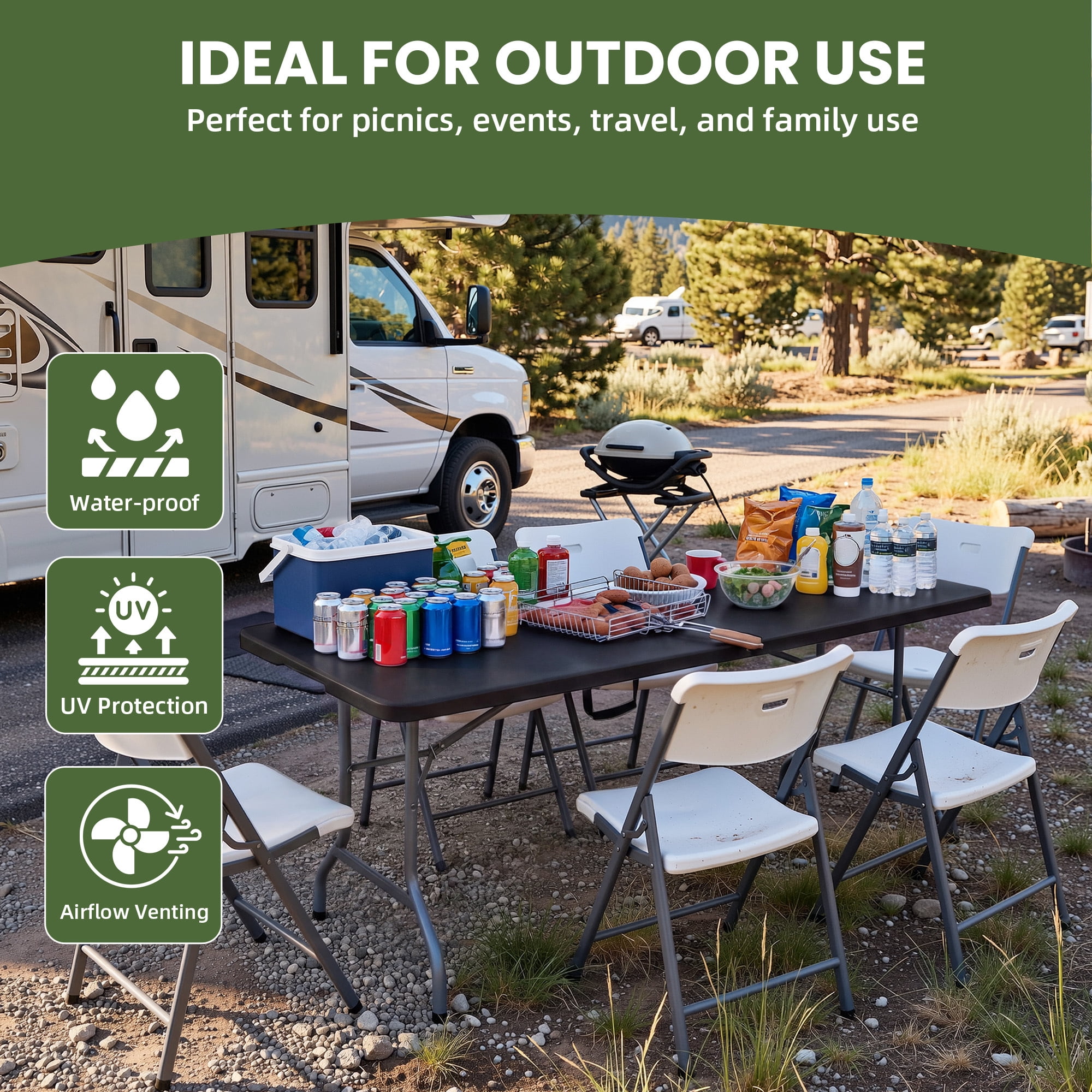 Uforic 6 Ft Folding Table, 1.38" Thick Sturdy Tabletop, Portable Foldable Design with Built-in Carry Handle, Perfect for Indoor Events, Camping, Picnics, Parties, Patio and Outdoor Gatherings, Black