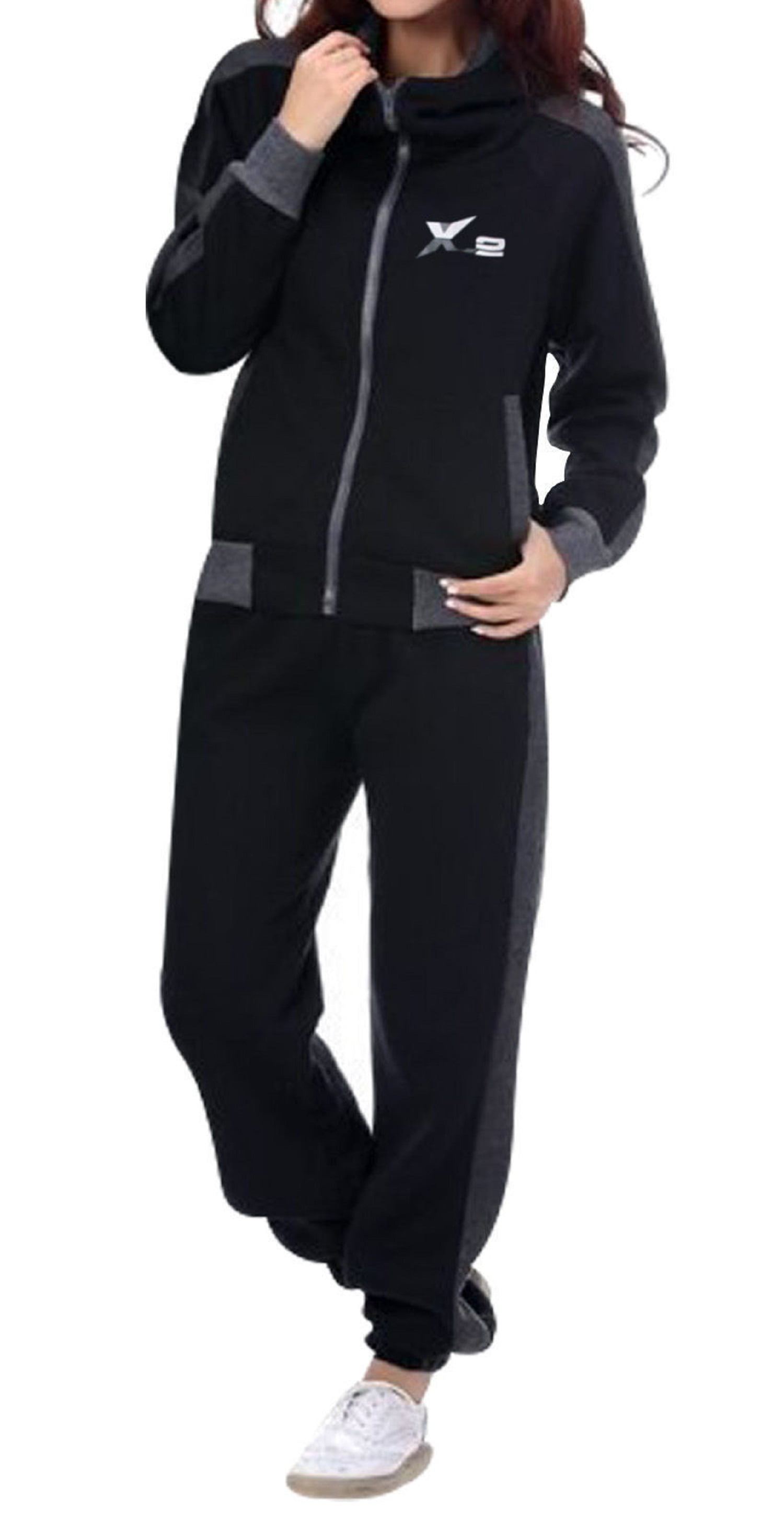 X-2 Womens Athletic Full Zip Fleece Tracksuit Jogging Gym Sweatsuit Hooded Top 