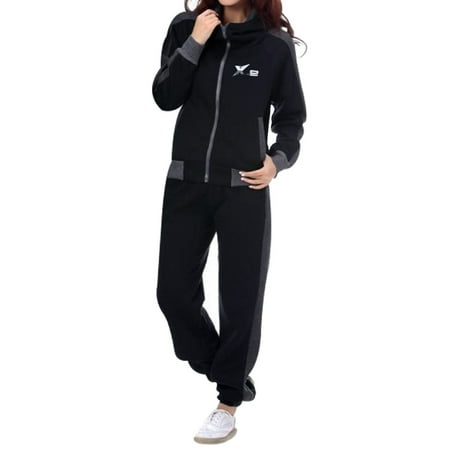 Women Athletic Full Zip Fleece Jogging Tracksuit Activewear Hooded Sweatsuit Top Black S