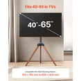 thumbnail image 2 of VEVOR Tripod Easel TV Stand, for 40-65 inch Flat Screen/Curved TVs Up to 99 lbs, 18° Left-Right Rotation Portable TV Stand with Oak Wood Legs, for Bedroom, Living Room, Studio, MAX VESA 600 x 400 mm, 2 of 9