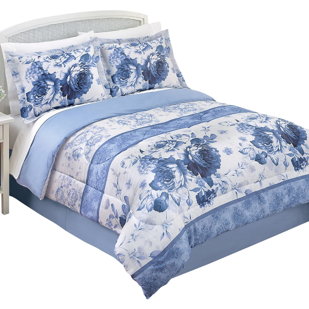 Julianne Blue And White Floral Comforter Set With Bedskirt ...