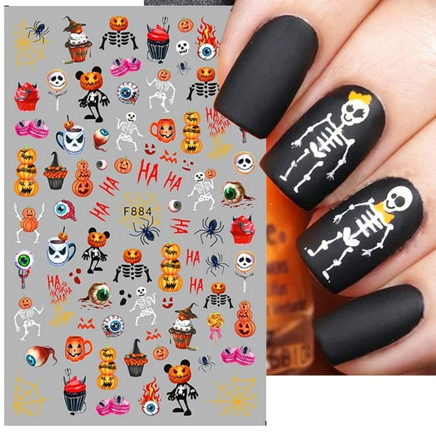 5 hojas de pegatinas para decoración de uñas de Halloween con diseño de calavera negra, autoadhesivas 3D, accesorios góticos para uñas, suministros de uñas para fiestas de Halloween para mujeres y niños, decoración de diseño de uñas acrílicas JM