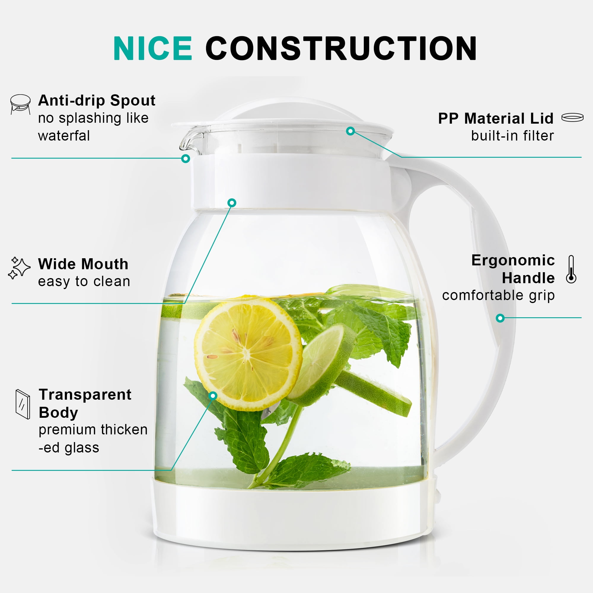 Sculptured Ice® Pitcher, Plastic Water Pitcher, Slotted Lid, 2 Liter, Clear