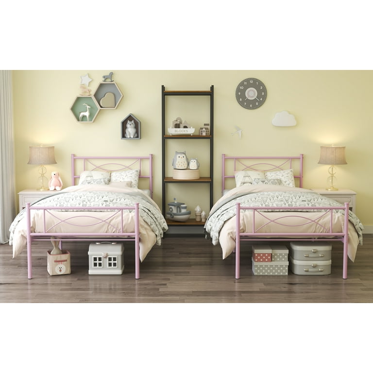 Cheerwing Twin Size Metal Platform Bed Frame for Girls Single Bed Frame with Headboard Footboard for Kids Furniture Pink