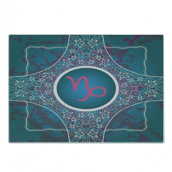 Zodiac Capricorn Cutting Board, Doodle Style Stars and Flowers on a Grunge Backdrop with Paint Stains, Decorative Tempered Glass Cutting and Serving Board, Small Size, Multicolor, by Ambesonne
