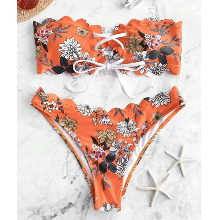 Youmylove Women Swimwears Floral Lace-up Scalloped Bandeau Bikini Set  Push-Up Swimwear Swimsuit Leisure Fashion 